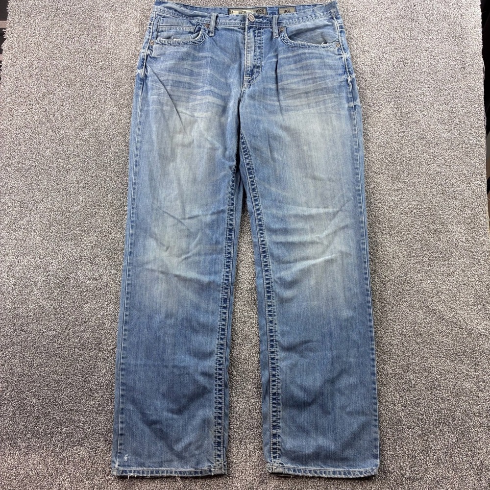 BKE Buckle Jeans Mens 36L Blue Seth Straight Leg Western White Stitch Whiskers‎